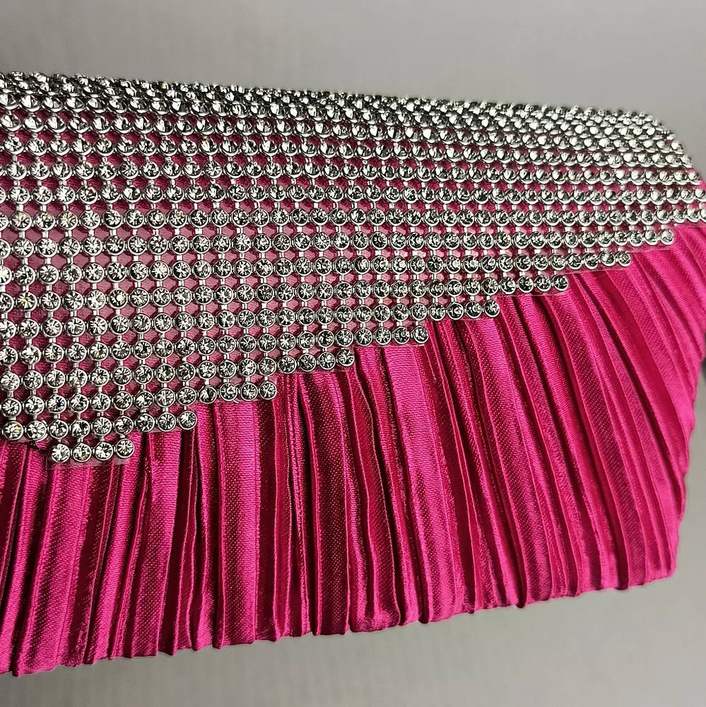 Satin Clutch Bag Faux Rhinestone Plaited Hot Pink Metal Strap Cocktail Party